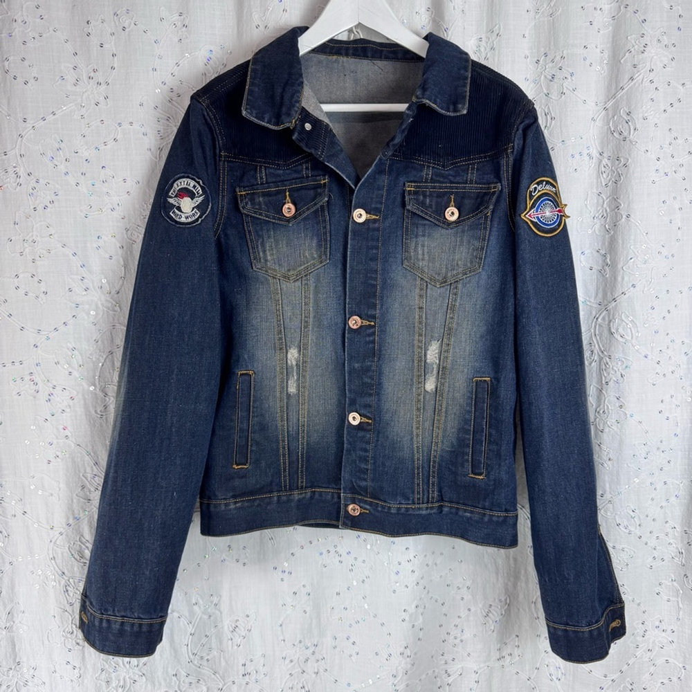 Men’s Denim Distressed Jacket with Patches Size L